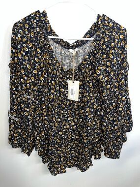 easel Navy Floral Ruffle Blouse with Mustard Accents